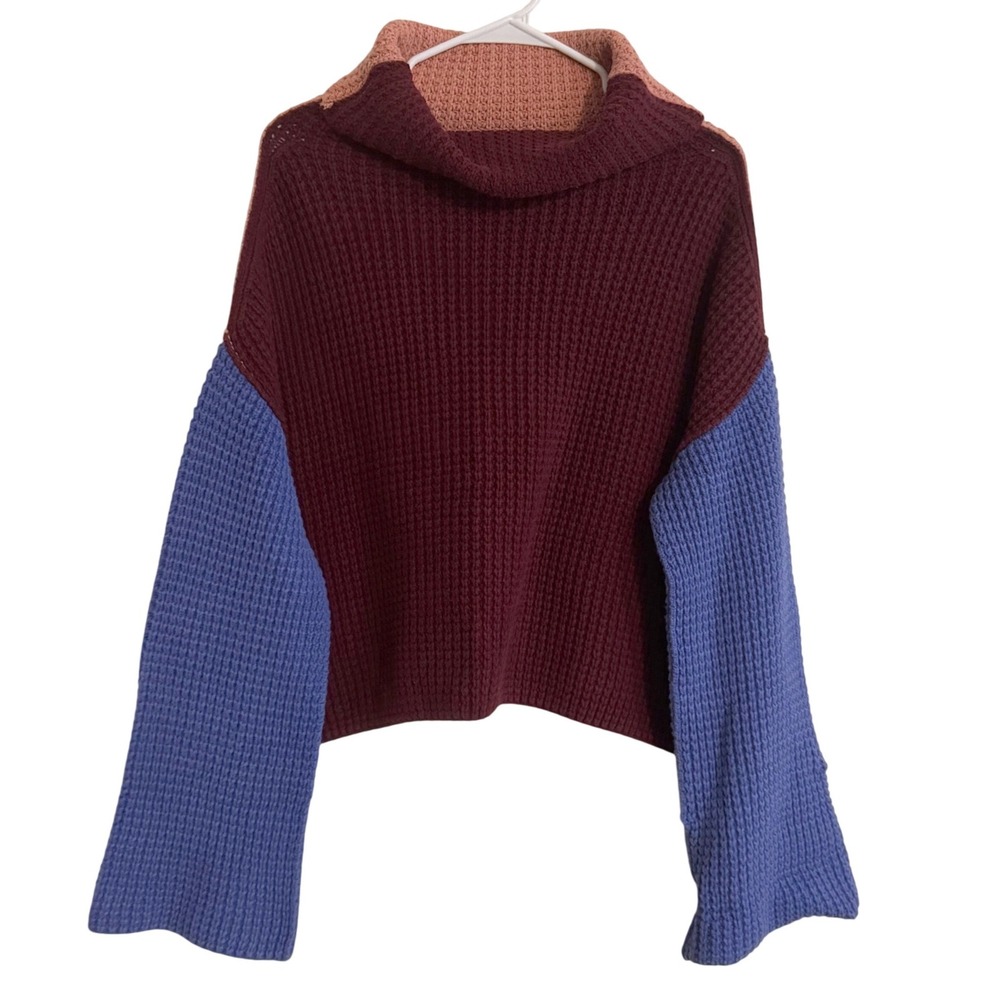 Free People Park City Colorblock Sweater Peach Blue Burgundy Oversized Small